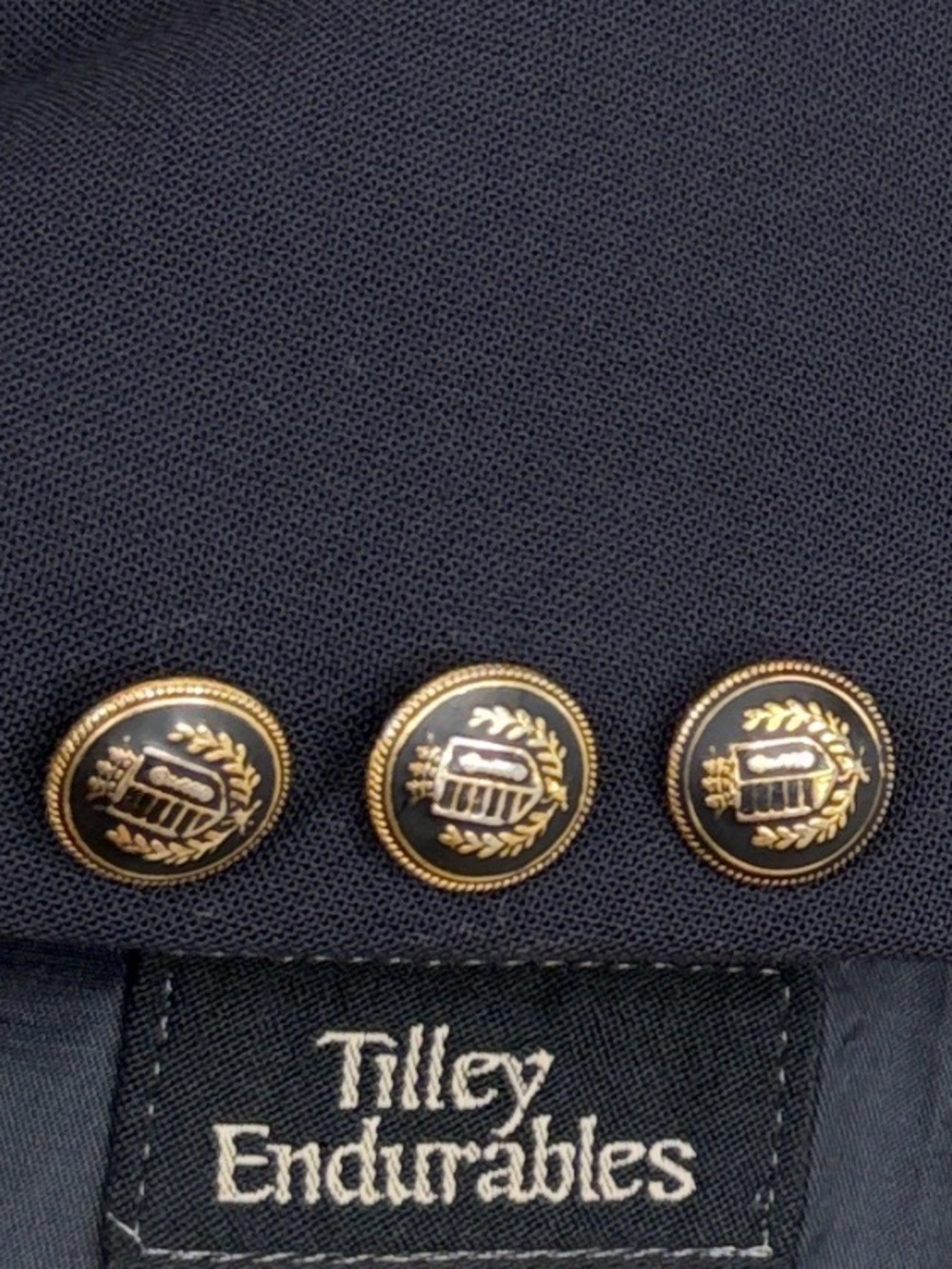 Vintage Tilley Endurables Sport Coat Mens 46 Black Wool Stretch Gold Buttons